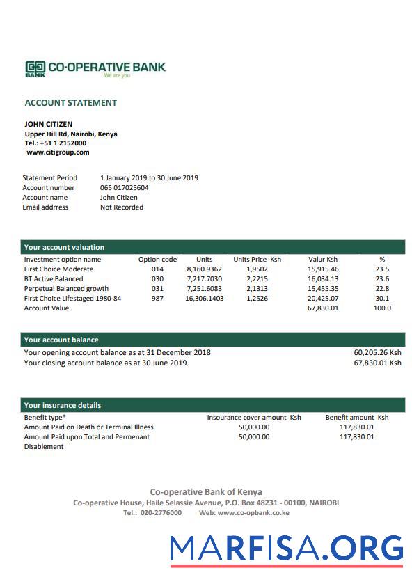 Realistic Kenya Co Operative Bank proof of address statement word template